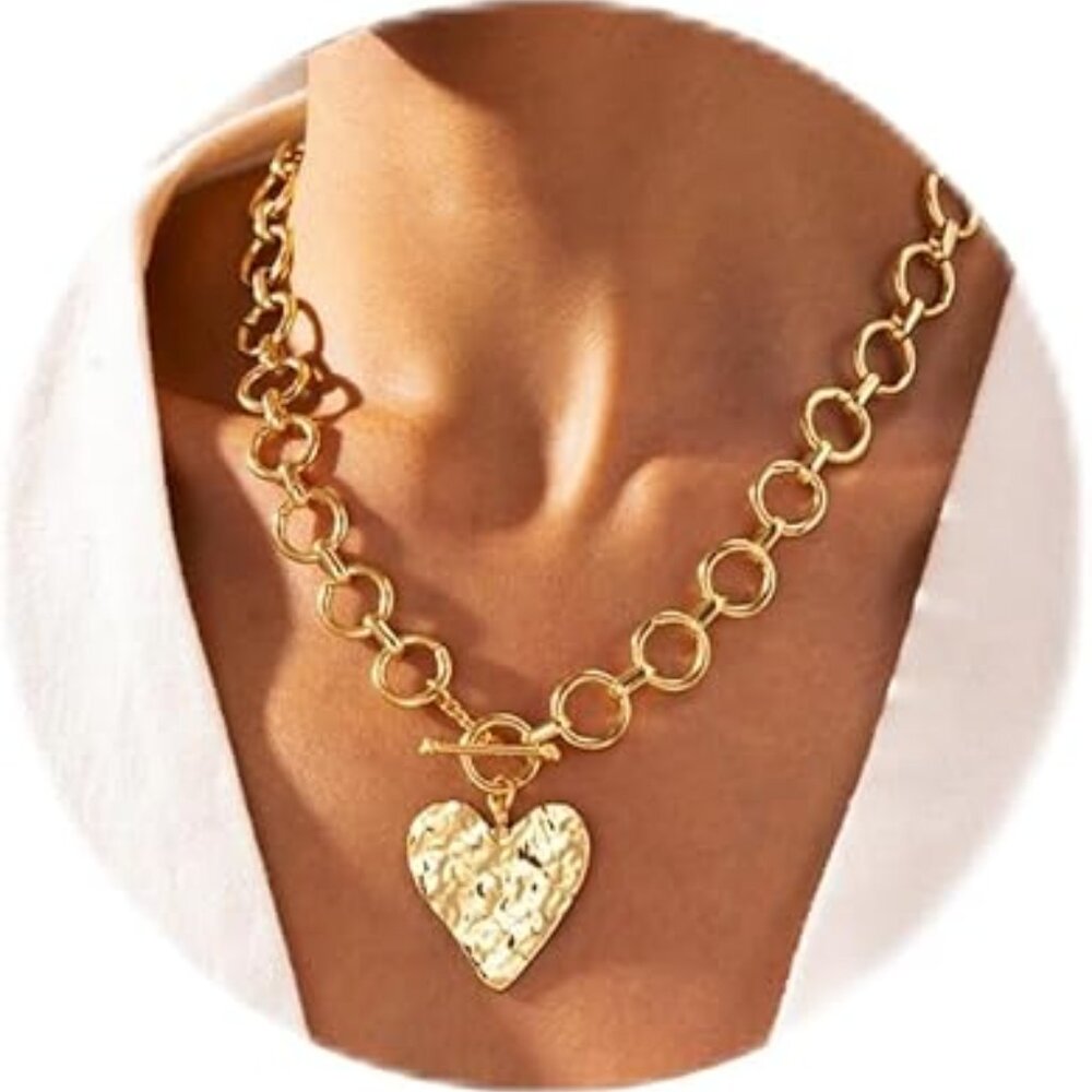 14K‎ Gold Plated Chunky Heart Pendant Bold Chain Necklace with Toggle Clasp